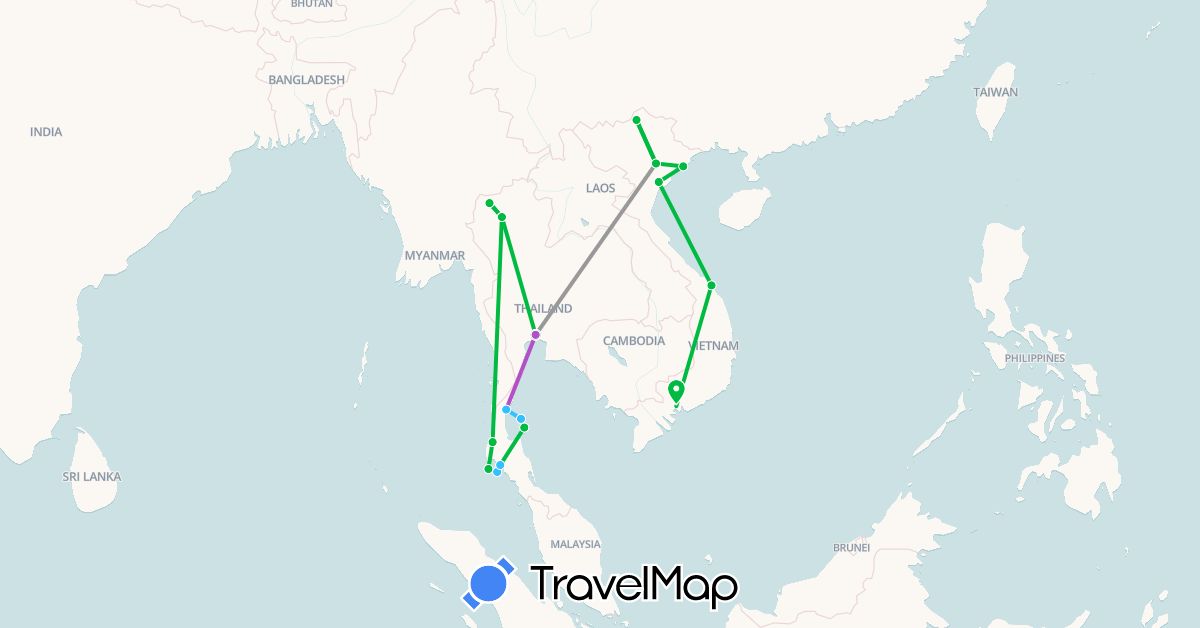 TravelMap itinerary: driving, bus, plane, train, boat in Thailand, Vietnam (Asia)